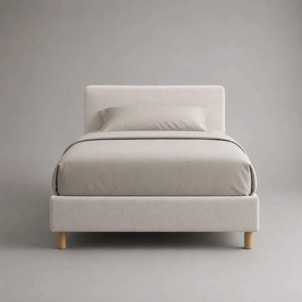 Lit simple 90 x 190 cm avec sommier à lattes, cadre rembourré en tissu bouclé écru et pieds en bois massif