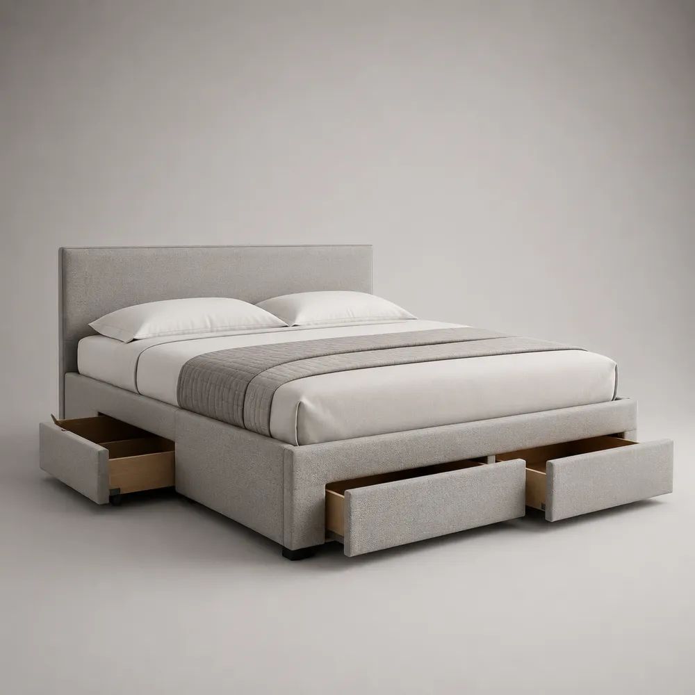 Lit double avec rangement 160 x 200 cm, cadre rembourré en tissu bouclé beige, tête de lit et 4 tiroirs