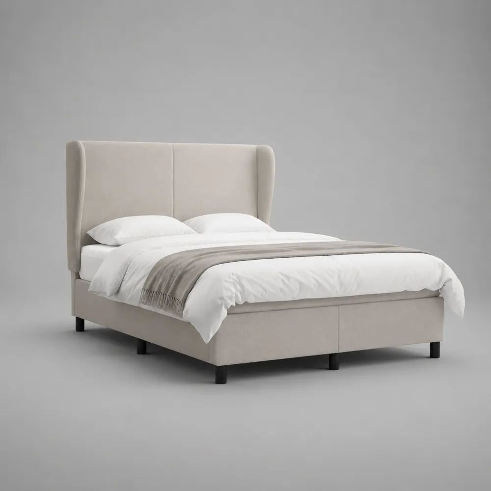 Lit double rembourré beige en velours polyester avec tête de lit à oreilles, couchage 160 x 200 cm