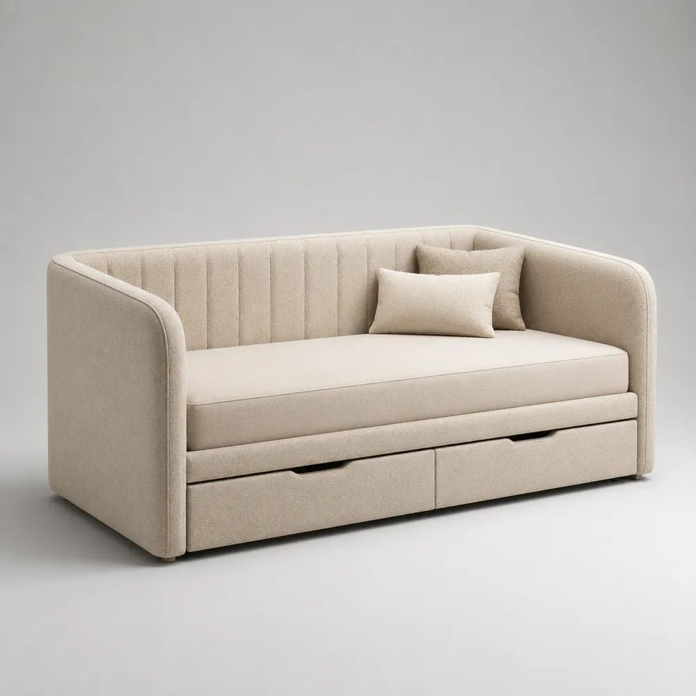 Lit banquette 1 place en tissu bouclé polyester beige avec sommier et 2 tiroirs, couchage 90 x 200 cm, dimensions 218 x 105 x 90 cm