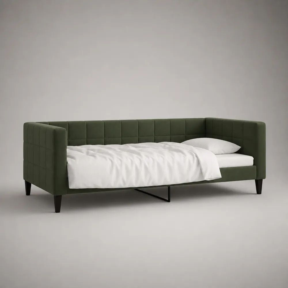Lit banquette 90 × 190 cm en velours polyester vert olive et métal noir avec sommier à lattes, 211 × 103 × 88 cm
