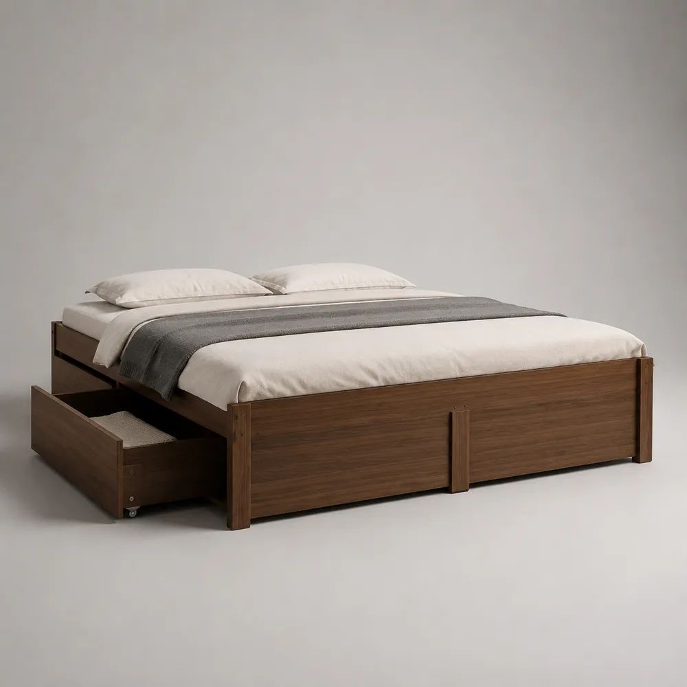 Lit double 160 × 200 cm en bois d’hévéa massif et MDF plaqué noyer brun, avec sommier et tiroir de rangement
