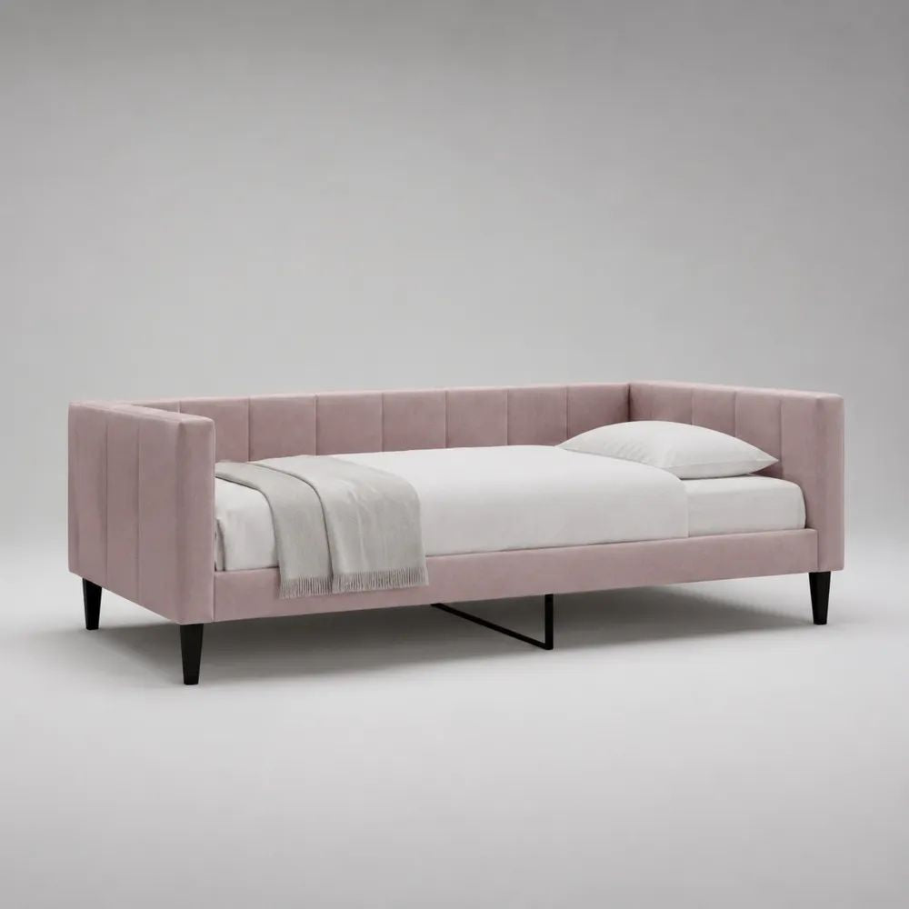 Lit banquette une place 90 x 200 cm en velours rose poudré avec sommier à lattes et pieds noirs