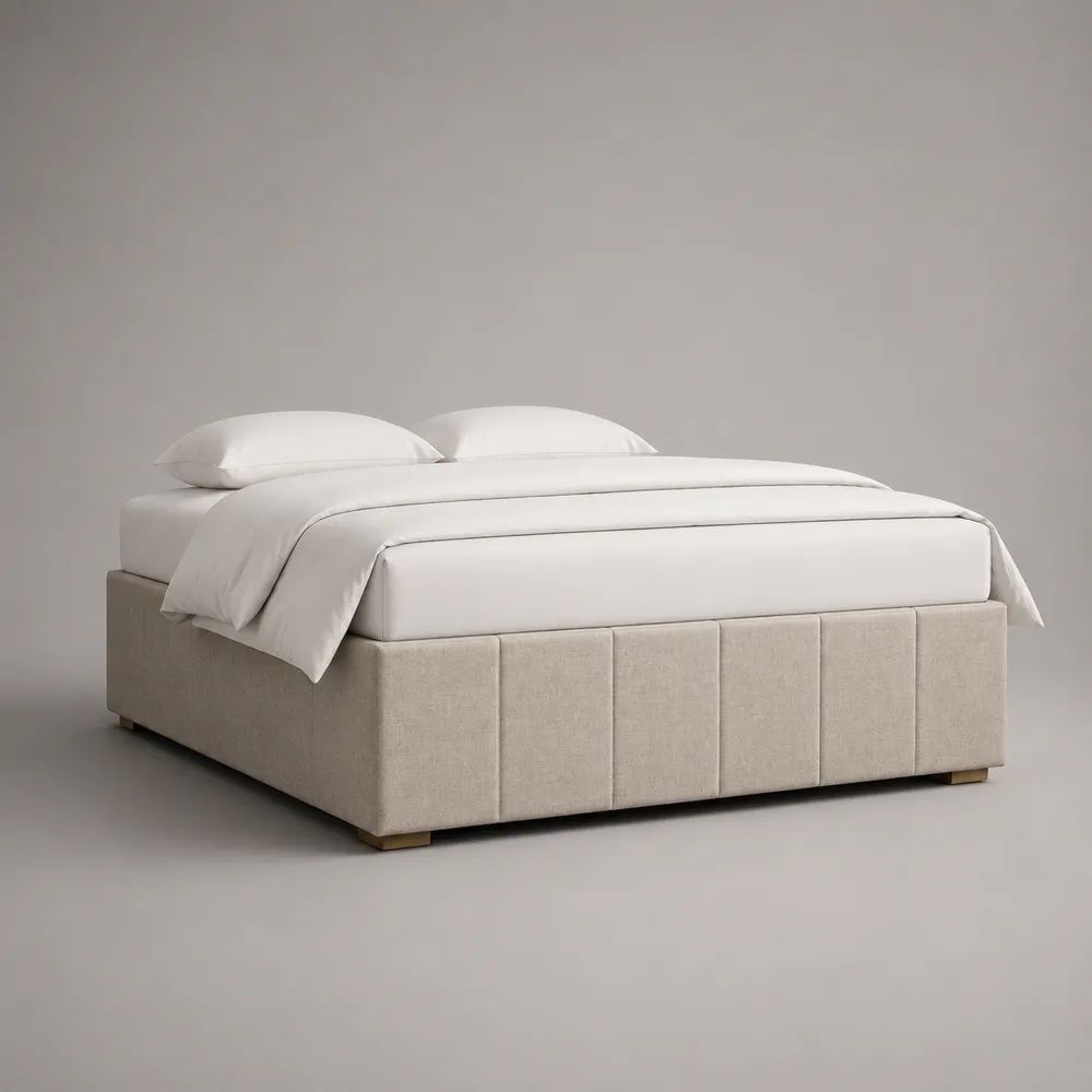 Lit plateforme double rembourré en tissu beige sans tête de lit, couchage 160 x 200 cm, dimensions 210 x 170 x 45 cm