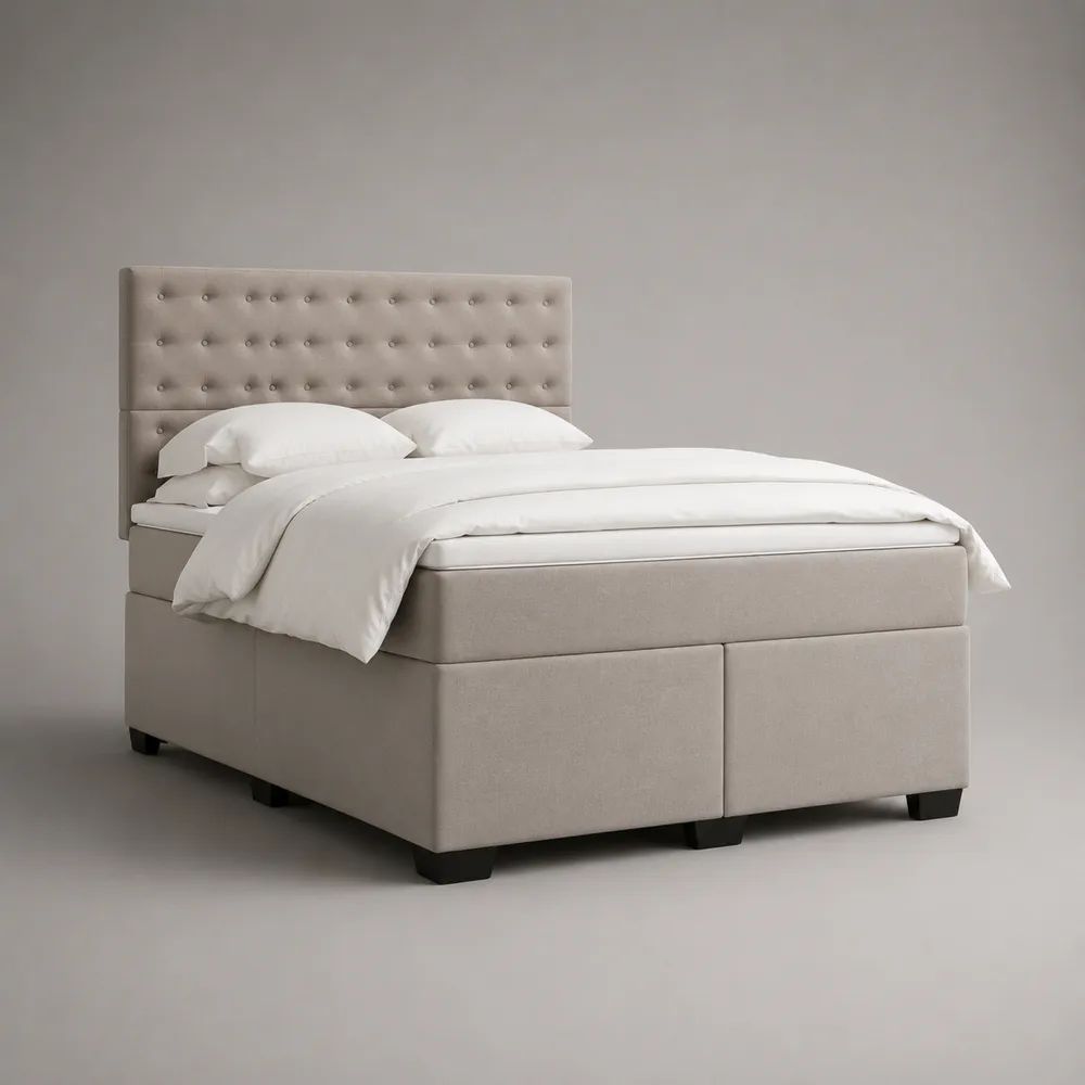 Lit boxspring 2 places capitonné en tissu beige avec matelas, couchage 160 × 200 cm, dimensions 170 × 210 × 120 cm