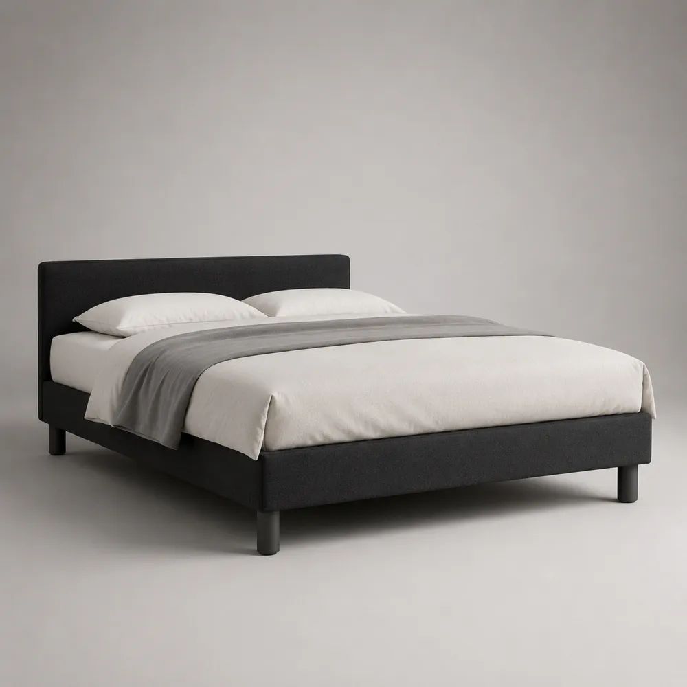 Lit double rembourré en tissu et bois, couchage 160 × 200 cm, dimensions 213 × 169 × 100 cm, gris anthracite et noir