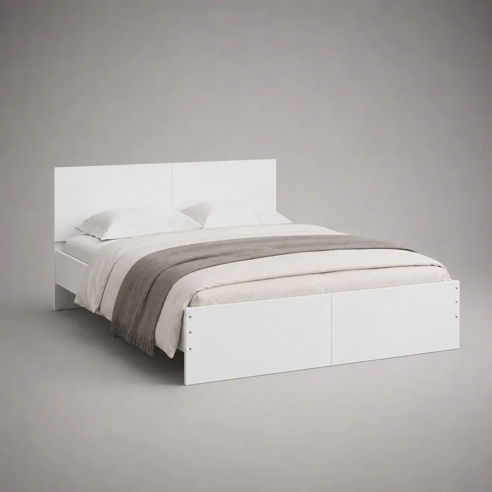 Lit double blanc en panneaux de particules mélaminés avec tête de lit, couchage 160 × 200 cm