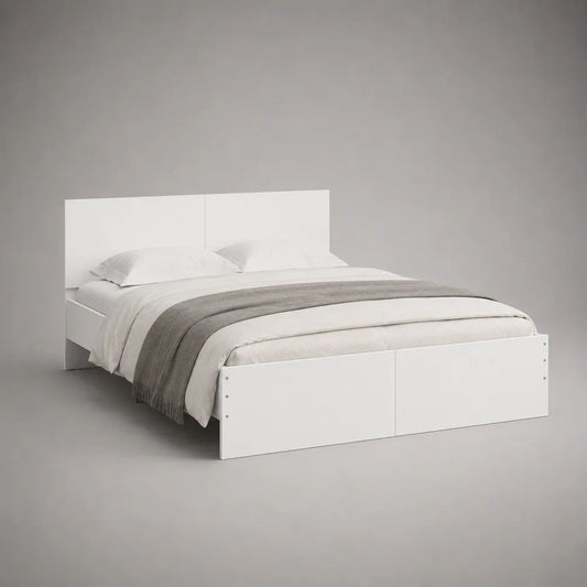 Lit double blanc en panneaux de particules mélaminés avec tête de lit, couchage 160 × 200 cm