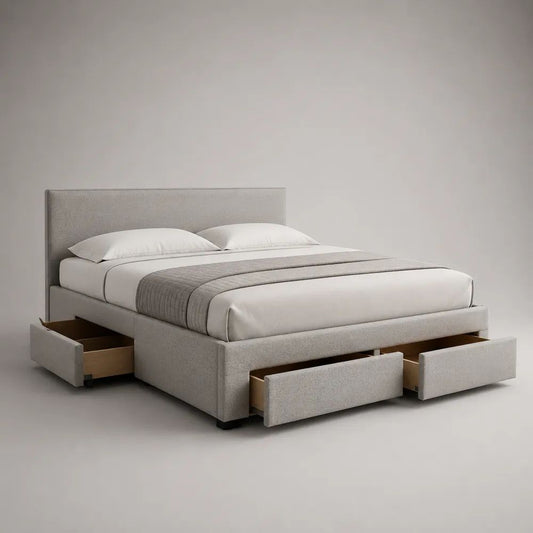 Lit double avec rangement 160 x 200 cm, cadre rembourré en tissu bouclé beige, tête de lit et 4 tiroirs