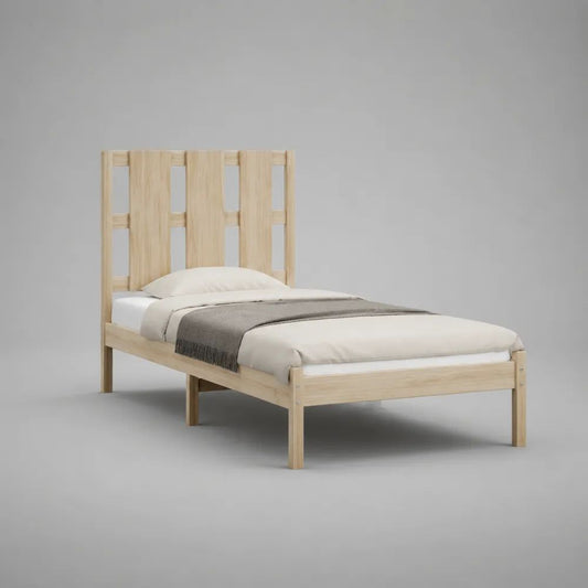 Lit simple en pin massif naturel avec sommier à lattes, couchage 90 × 190 cm, dimensions 198 × 98 × 110 cm