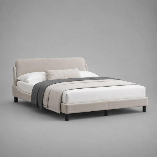Lit double rembourré en polyester beige crème avec sommier à lattes, 200 x 220 x 110 cm, couchage 180 x 200 cm