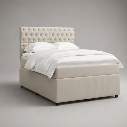 Lit double capitonné 160 x 200 cm en bois et tissu beige avec tête de lit rectangulaire