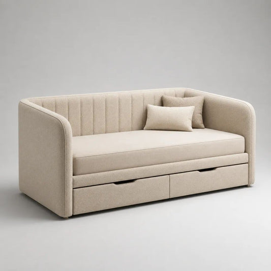 Lit banquette 1 place en tissu bouclé polyester beige avec sommier et 2 tiroirs, couchage 90 x 200 cm, dimensions 218 x 105 x 90 cm