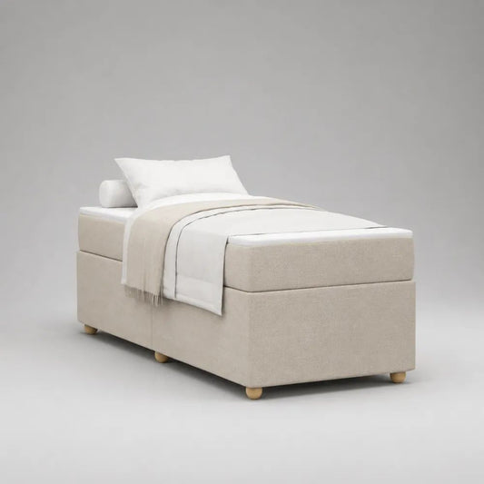 Ensemble lit simple beige 90 × 190 cm avec cadre rembourré en tissu, sommier à lattes et matelas