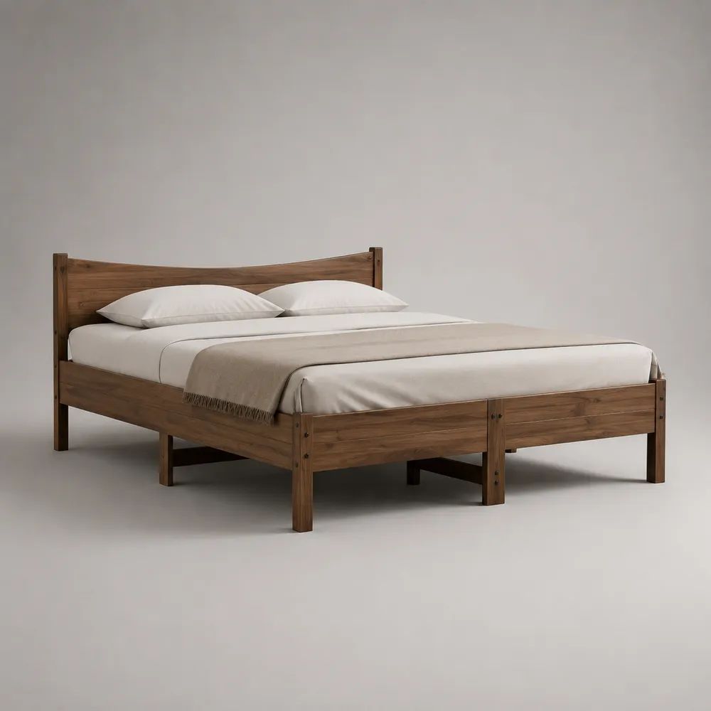 Lit double 180 × 200 cm en bois brun noyer avec cadre, sommier à lattes et tête de lit