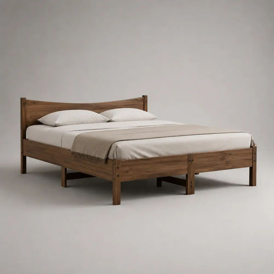 Lit double 180 × 200 cm en bois brun noyer avec cadre, sommier à lattes et tête de lit