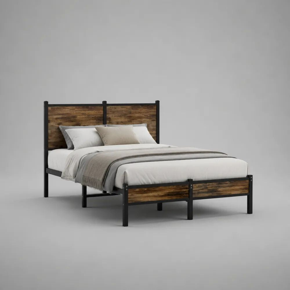 Lit double 160 × 200 cm avec cadre en acier et panneaux de particules, brun rustique et noir