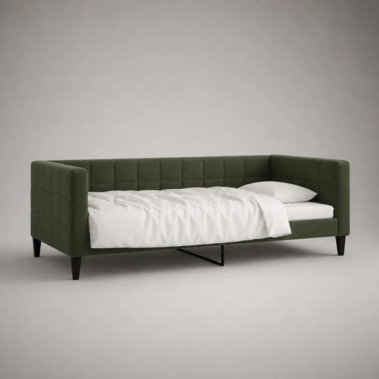 Lit banquette 90 × 190 cm en velours polyester vert olive et métal noir avec sommier à lattes, 211 × 103 × 88 cm