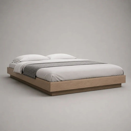 Cadre de lit plateforme double sans tête de lit en bois, chêne clair, couchage 160 × 200 cm, dimensions 170 × 210 × 32 cm