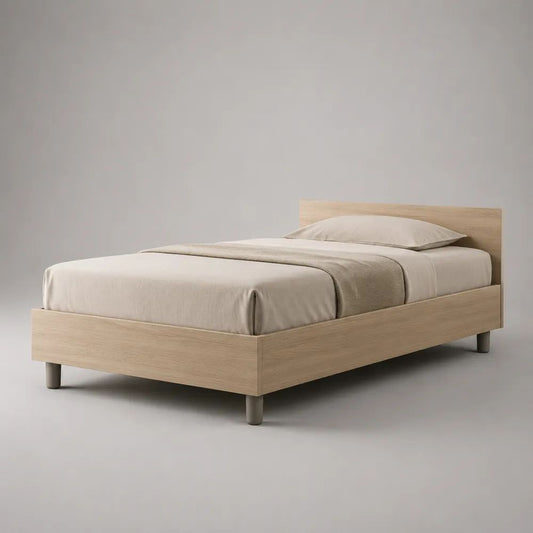 Lit simple en bois avec sommier à lattes, couchage 90 × 190 cm, dimensions 198 × 96 × 84 cm, chêne clair et gris