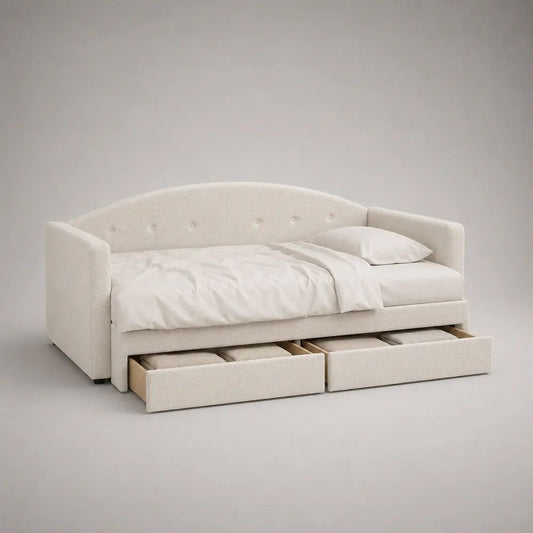 Lit banquette avec 2 tiroirs, couchage 90 × 200 cm, polyester bouclé blanc cassé, dossier arrondi, 215 × 105 × 95 cm
