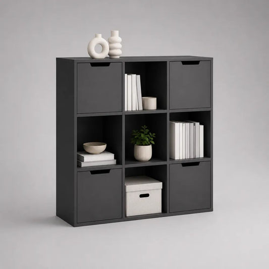 Bibliothèque de rangement rectangulaire en panneaux de particules mélaminés gris anthracite, 9 cases dont 4 fermées, 90 × 30 × 90 cm