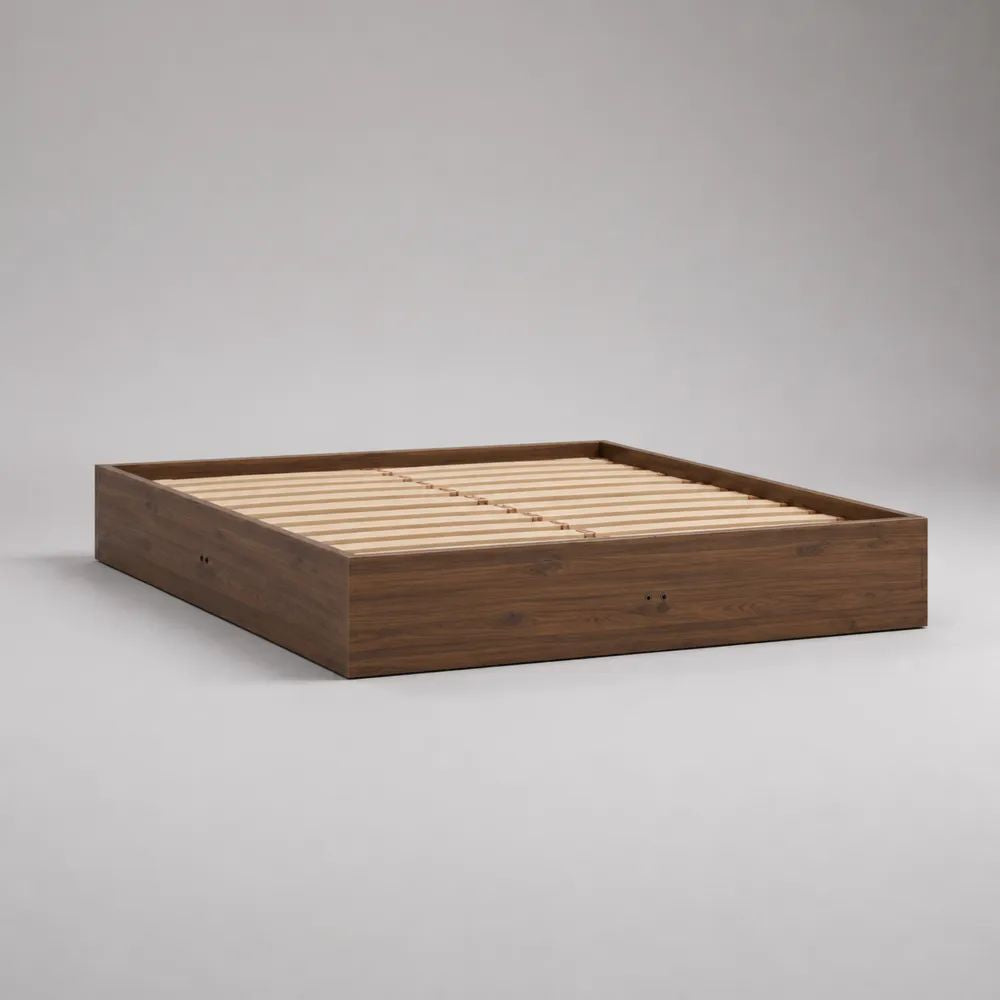 Cadre de lit double 160 × 200 cm en MDF plaqué noyer avec sommier à lattes, marron noyer