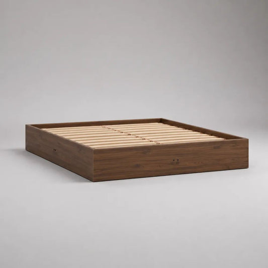 Cadre de lit double 160 × 200 cm en MDF plaqué noyer avec sommier à lattes, marron noyer