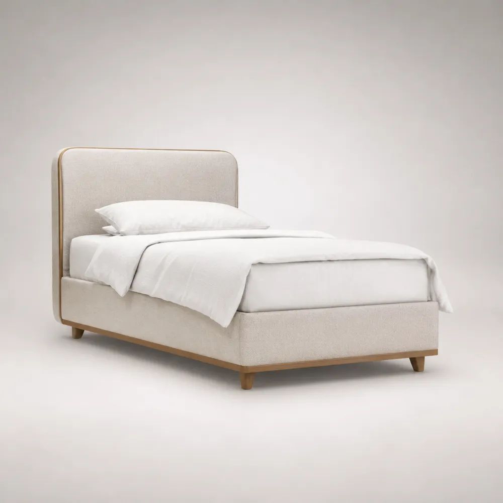 Lit simple rembourré en polyester et bois massif beige, couchage 90 × 190 cm, dimensions 101 × 202 × 105 cm