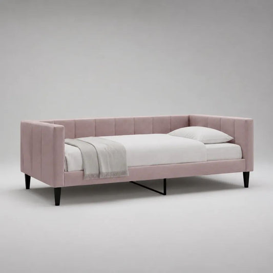 Lit banquette une place 90 x 200 cm en velours rose poudré avec sommier à lattes et pieds noirs