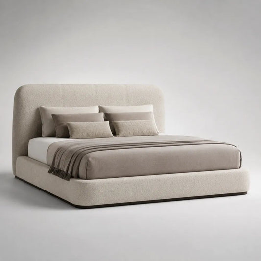 Lit coffre double 160 x 200 cm en tissu bouclé beige avec tête de lit rembourrée, 220 x 180 x 110 cm