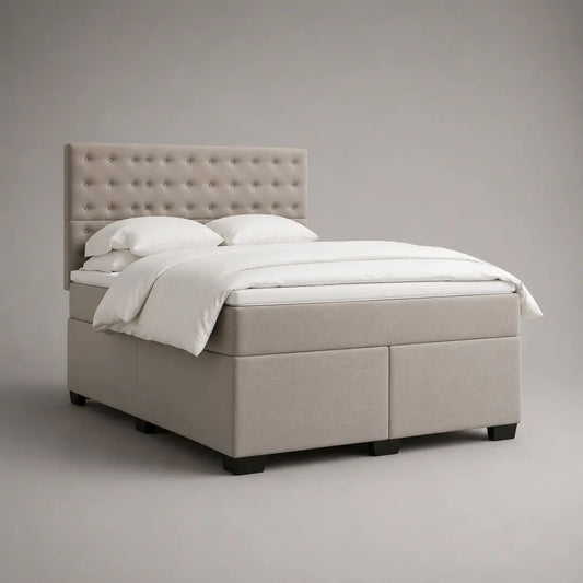 Lit boxspring 2 places capitonné en tissu beige avec matelas, couchage 160 × 200 cm, dimensions 170 × 210 × 120 cm