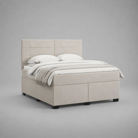 Ensemble lit boxspring double 160 x 200 cm avec matelas à ressorts ensachés, revêtement en velours beige et tête de lit rectangulaire
