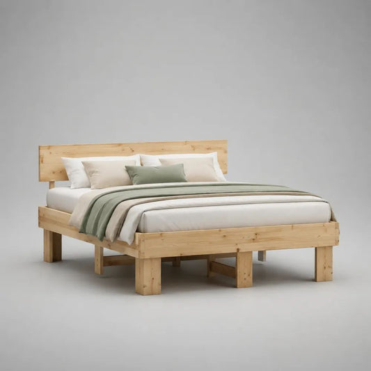 Lit double 160 x 200 cm en pin massif naturel avec tête de lit et sommier à lattes