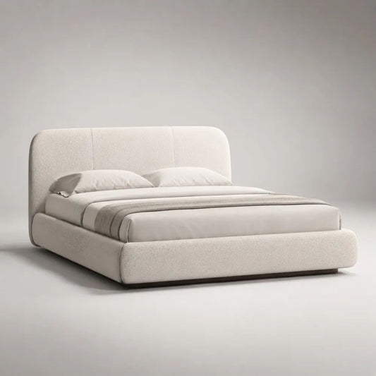 Lit double rembourré en tissu bouclé blanc cassé avec sommier à lattes, couchage 160 × 200 cm, dimensions 220 × 190 × 110 cm