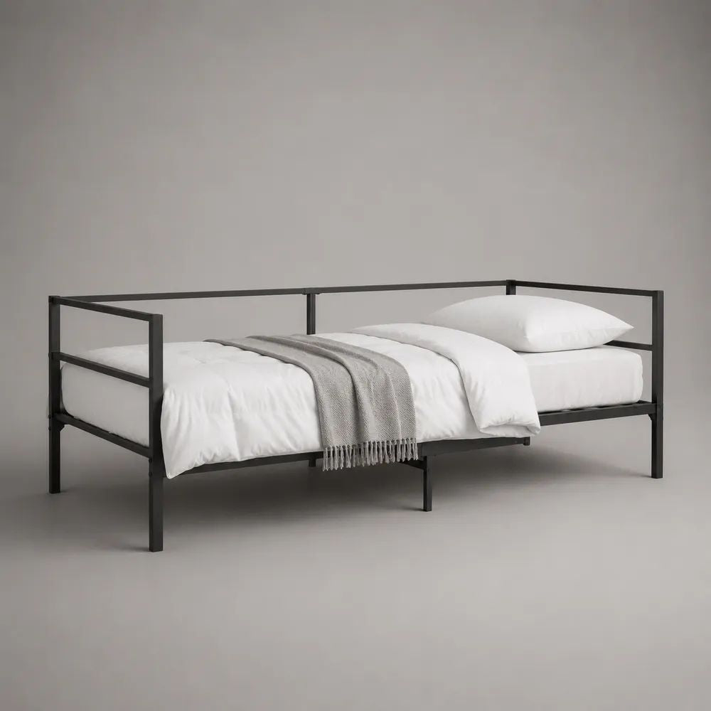 Lit banquette 1 place en acier noir avec sommier intégré, couchage 90 × 190 cm, dimensions 198 × 96 × 86 cm