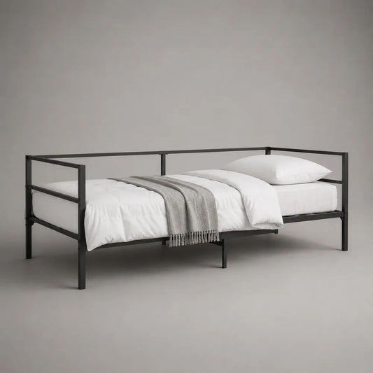 Lit banquette 1 place en acier noir avec sommier intégré, couchage 90 × 190 cm, dimensions 198 × 96 × 86 cm