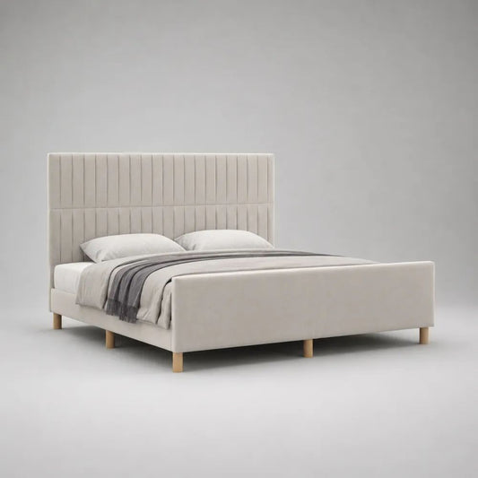 Lit double rembourré en polyester beige avec tête de lit à panneaux verticaux, couchage 160 × 200 cm, dimensions 170 × 215 × 120 cm