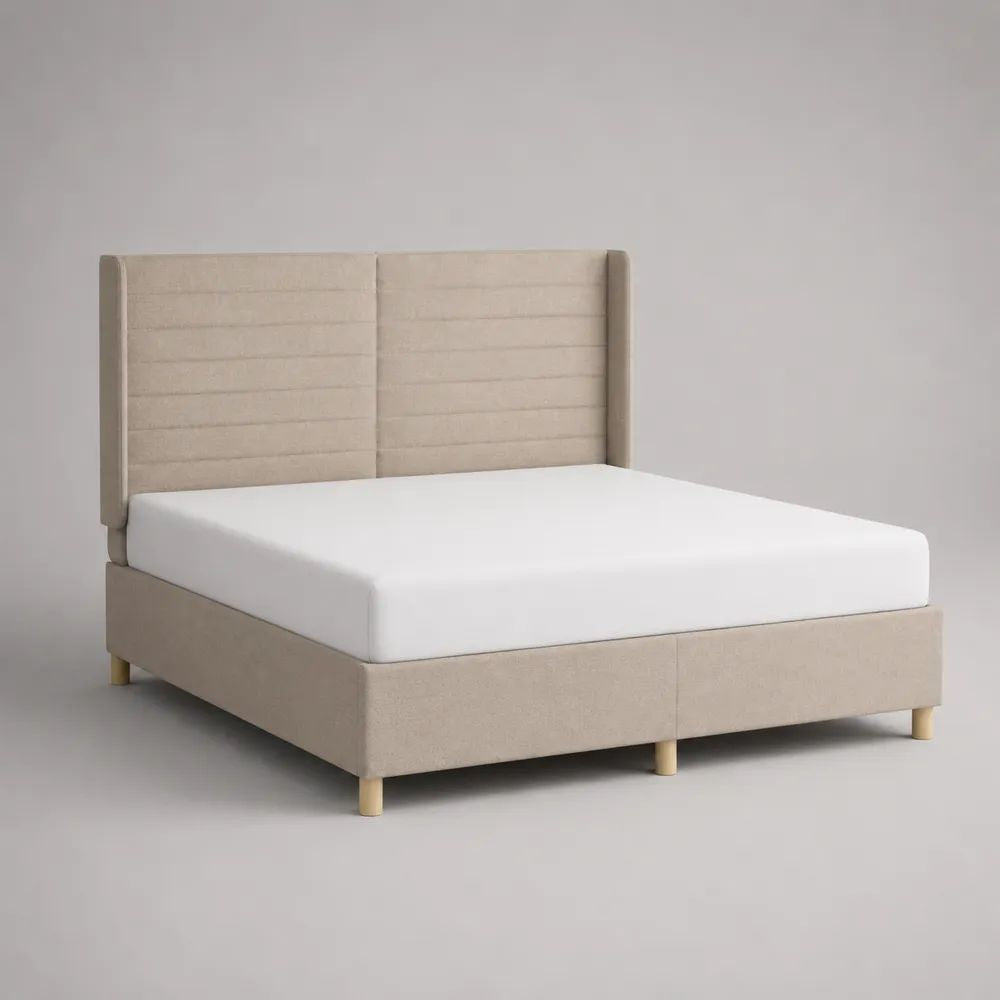 Lit double rembourré beige 160 x 200 cm en polyester avec tête de lit à panneaux et sommier à lattes