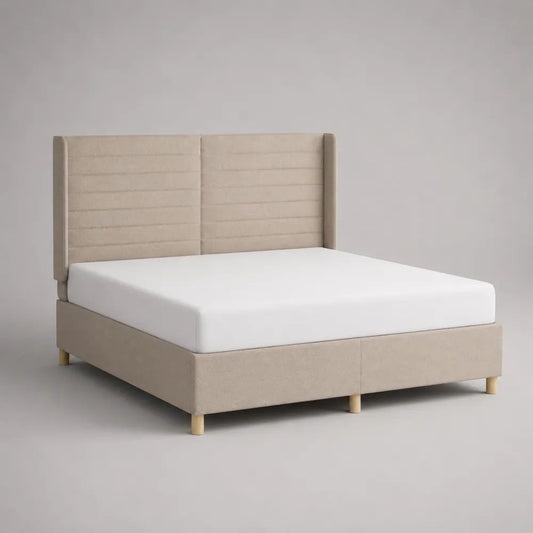 Lit double rembourré beige 160 x 200 cm en polyester avec tête de lit à panneaux et sommier à lattes