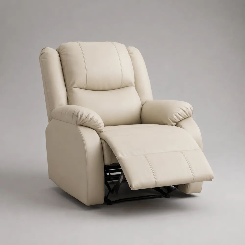 Fauteuil relax manuel en similicuir beige avec dossier haut et repose-pieds, 90 × 94 × 98 cm