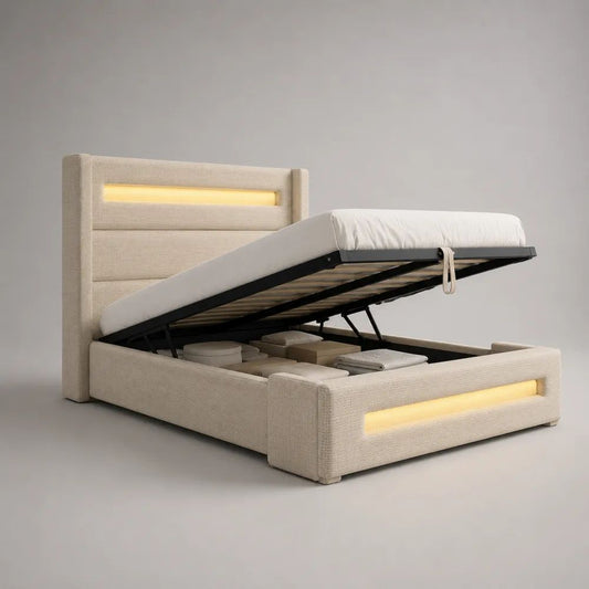 Lit coffre 160 x 200 cm avec sommier relevable, revêtement en polyester beige et éclairage LED