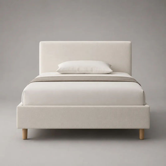 Lit coffre double rembourré en polyester beige, couchage 140 x 200 cm, tête de lit et sommier à lattes, 215 x 150 x 110 cm