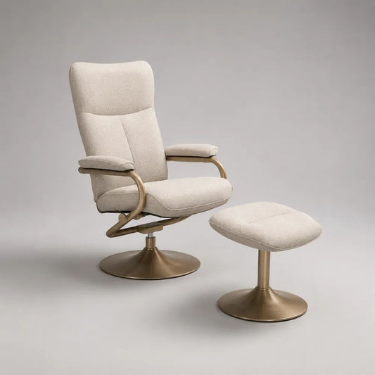 Fauteuil relax pivotant avec repose-pieds, ensemble 2 pièces en tissu et acier, beige/champagne, 78 × 84 × 105 cm et 50 × 43 × 41 cm
