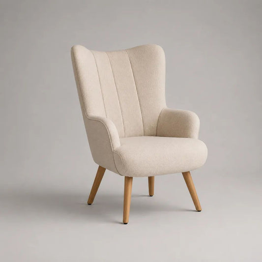 Fauteuil à oreilles en tissu bouclette beige avec pieds en bois brun naturel, 75 × 82 × 105 cm