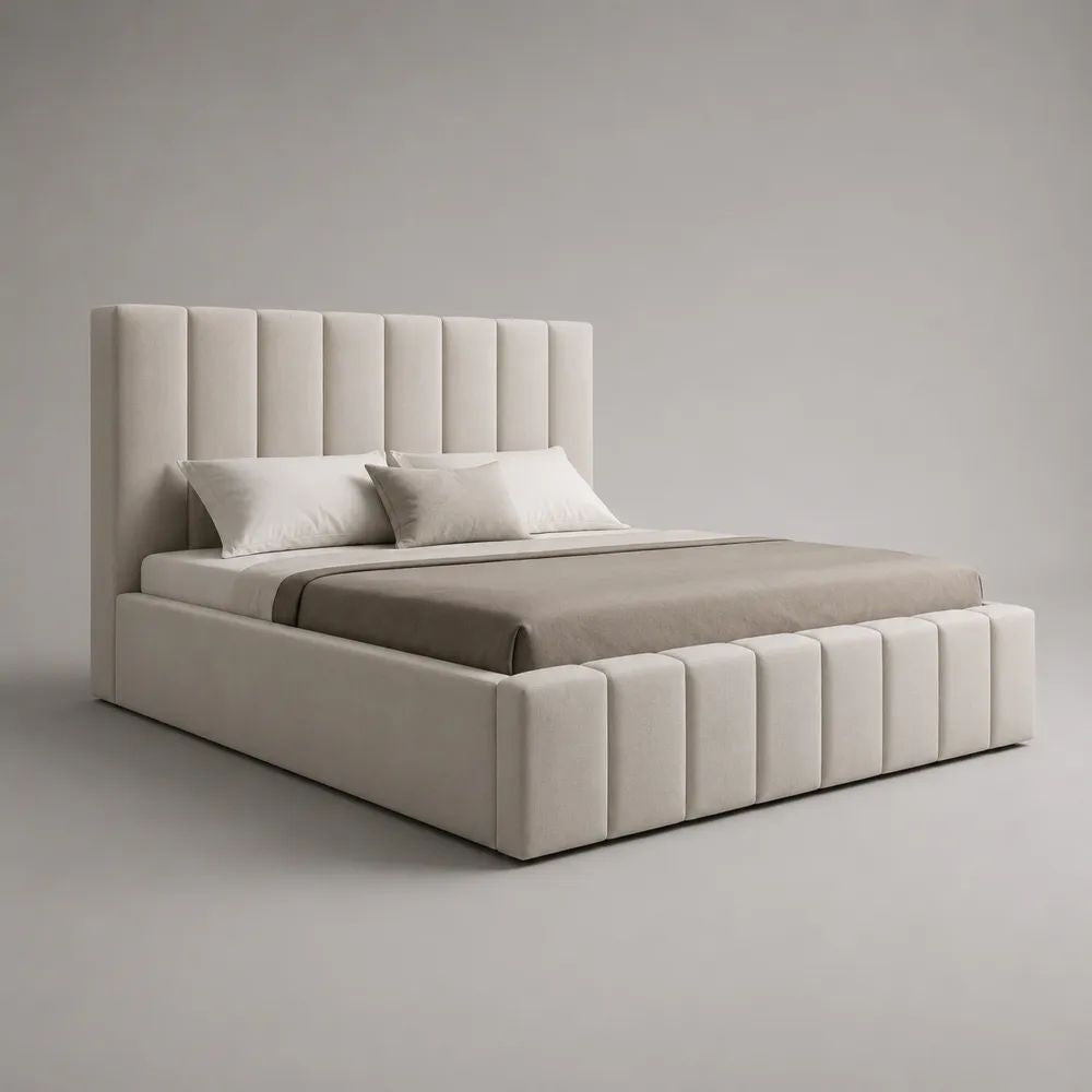Lit coffre double rembourré en velours beige 160 × 200 cm avec tête de lit à panneaux verticaux et sommier relevable