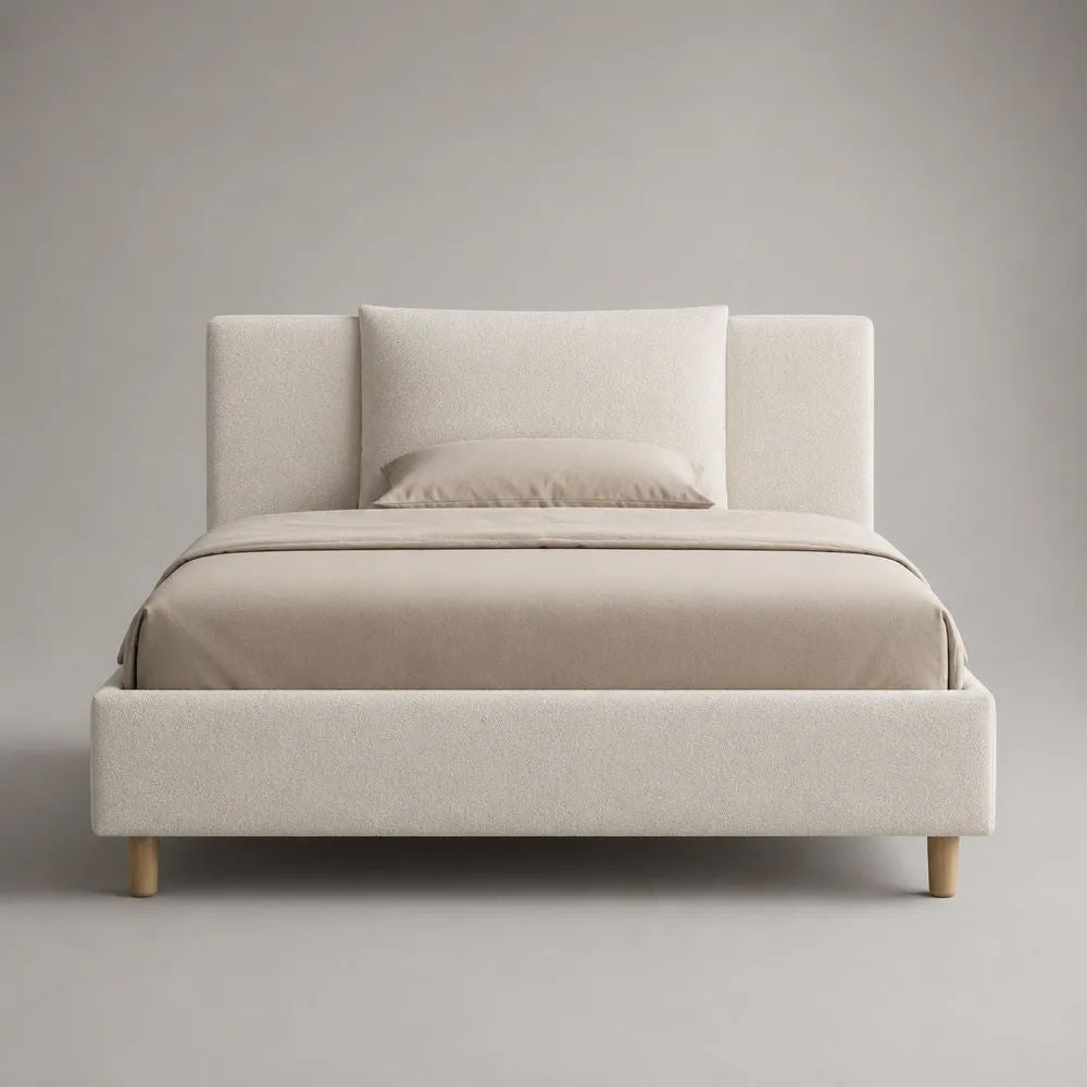 Lit coffre double en tissu écru, couchage 160 x 200 cm, dimensions 176 x 218 x 120 cm