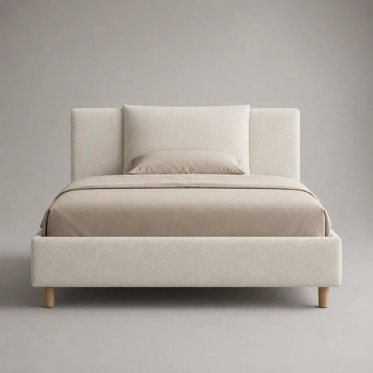 Lit coffre double en tissu écru, couchage 160 x 200 cm, dimensions 176 x 218 x 120 cm