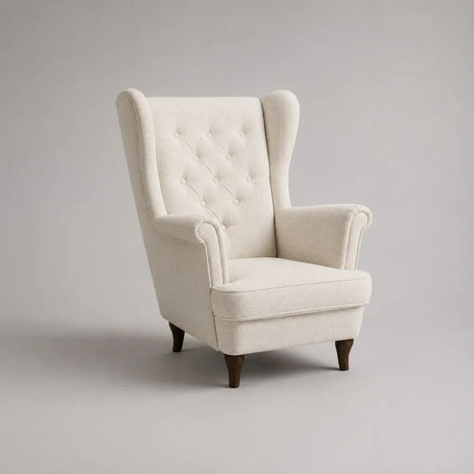 Fauteuil à oreilles en tissu bouclette écru avec dossier capitonné, 82 × 88 × 105 cm