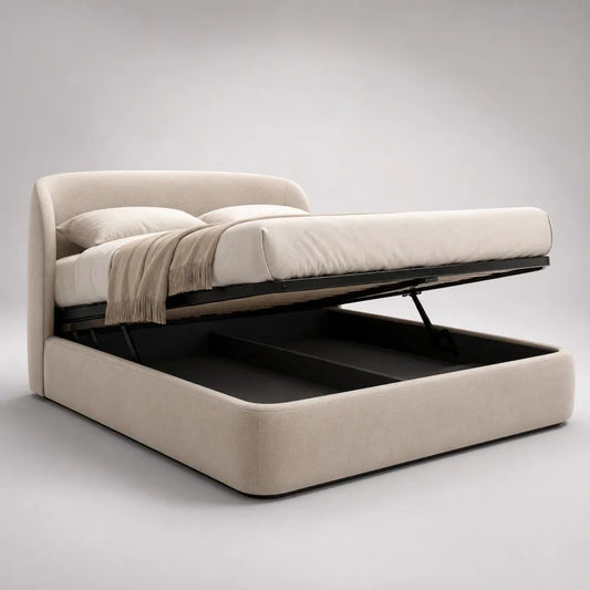 Lit coffre double 160 x 200 cm en tissu beige avec sommier relevable et tête de lit rembourrée